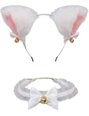 ★[Moerstar] 猫耳 カチューシャ 猫 コスプレ チョーカー かわいい ねこ コスチューム 蝶結び 首輪 鈴付き 髪飾り 黒 白 ハロウィン クリスマス 仮装 ふわふわ耳 コスプレ小物 アクセサリー