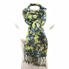 ノーブランド ストール マフラー フリンジ 花柄 青 ブルー 緑 グリーン /YK ●RY