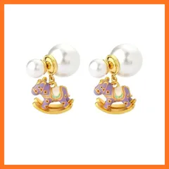 【新品】 【うるはし】夢見る木馬 ピアス レディース｜揺れるデザイン｜S925銀針×パール×天然石｜18K仕上げ×エナメル彩色｜パープル 上品 ヴィンテージ風 ギフト アレルギー対応 人気 アクセサリー (レトロ) 1