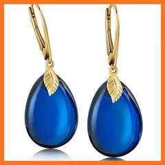 【新品】 [Amber by Mazukna] 琥珀 ピアス ドロップ型 ブルーアンバー ＜専用ジュエリーボックス付き＞ Silver925 ゴールドプレーティング金具 レバーバック開閉式 レディース 軽量 上品なジュエリー ギフト 品質書付属 0