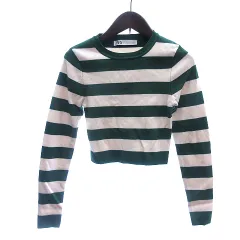 ザラ ZARA ニット カットソー ショート丈 ボーダー 長袖 S 緑 グリーン /AU
