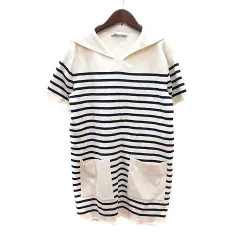 ザラ ZARA ワンピース ニット ミニ ボーダー 半袖 M 白 アイボリー 紺 ネイビー /MN