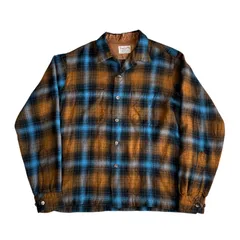 50s - 60s Game and Lake Lanerossi 開襟 ウールシャツ L-XLサイズ ブラウン ターコイズ オンブレチェック シャドーチェック オープンカラー Vintage Wool Check Shirt ヴィンテージ ビンテージ