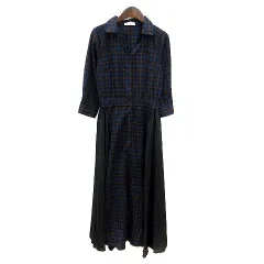 アンドクチュール And Couture ワンピース ロング チェック 長袖 切替 プリーツ 38 M 紺 ネイビー /MN