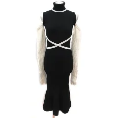 レディ Rady ニットワンピース ロング タートルネック タイト リブ オープンショルダー 長袖 S 黒 ブラック 白 ホワイト /MS