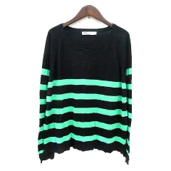 ザラ ZARA ニット カットソー ボーダー 長袖 L 黒 ブラック 緑 グリーン /MN