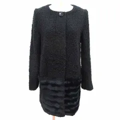 スーナウーナ Sunauna ノーカラーコート ボア フェイクファー 総裏地 ボーダー 40 L 黒 ブラック /YK