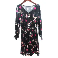 ロペピクニック ROPE Picnic シャツワンピース ひざ丈 ノーカラー 花柄 キャンディースリーブ 長袖 38 M 黒 ブラック /AU