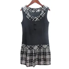 レストローズ L'EST ROSE ワンピース ひざ丈 切替 チェック ツイード2 M 黒 ブラック /AU