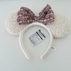 【新品】ディズニーランド カチューシャ ミニー もこもこ 白 ホワイト チェック柄リボン レッド