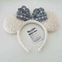 【新品】ディズニーランド カチューシャ ミニー もこもこ 白 ホワイト チェック柄リボン ブルー