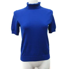 インディヴィ INDIVI ニット カットソー タートルネック 半袖 ウール 38 M 青 ブルー /YI