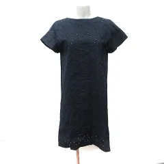 トゥモローランドコレクション TOMORROWLAND collection ワンピース ひざ丈 半袖 刺繍 半袖 38 M 紺 ネイビー /YI