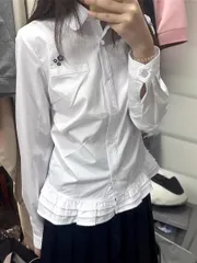 704フレアSTシャツ（シャツ、ストライプ、インナー、花刺繍、シャーリング、レース、スクールルック）