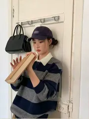 ラグビーKARA ニットTシャツ ボーダー柄 ウール混 ボーダー 長袖 ストライプ ルーズフィット 8940