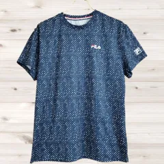 A1125 フィラ FILA Tシャツ 半袖 カットソー (L) ネイビー 水玉 ドット 総柄 Uネック