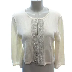 クレージュ courreges ニット カーディガン ショート丈 ビーズ 刺繍 七分袖 40 L アイボリー 白 ホワイト /AU