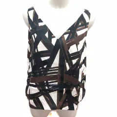 ノーブル NOBLE ブラウス 総柄 ノースリーブ 麻 リネン 白 ホワイト 黒 ブラック 茶 ブラウン /YK