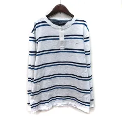 トミーヒルフィガー TOMMY HILFIGER ヘンリーネック カットソー ボーダー 長袖 L 白 ホワイト 紺 ネイビー /YI