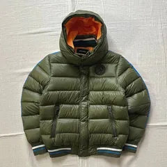 完売品　DIESEL　ディーゼル　フルジップアップ　キルティング生地　ダウンジャケット　パファーブルゾン　ワンポイントロゴ　取り外し可能忍者型フード　短丈　光沢感　カーキグリーン　リブライン　12サイズ　Y2K　平成ギャル　zip up down jacket