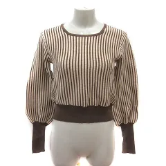 カスタネ Kastane ニット カットソー スクエアネック ストライプ ショート丈 長袖 F 茶 ブラウン ベージュ /MS