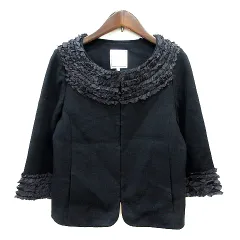 アナトリエ ANATELIER ノーカラージャケット 総裏地 フリル ウール 34 S 黒 ブラック /MN