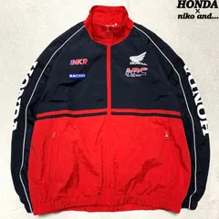 HONDA × niko and... レーシングジャケット ナイロンジャケット ブルゾン チェッカーフラッグ ロゴプリント 両面プリント 袖プリント Mサイズ ブラック × レッド 黒 赤 ホンダ ニコアンド