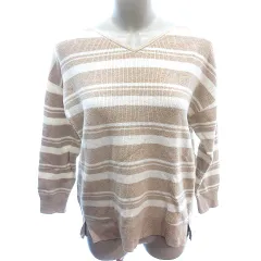 グローバルワーク GLOBAL WORK ニット カットソー Vネック ボーダー カシミヤ混 長袖 M ベージュ /AU