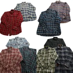 古着卸 まとめ売り ヘビーネル 長袖シャツ 10枚セット (メンズ L /XL ) ダブルフラップ チェック ボーダー 中古 古着 ND6142