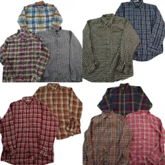 古着卸 まとめ売り チェック柄 長袖シャツ 10枚セット (メンズ L ) ノーカラー ボタンダウン ラウンドカット 中古 古着 ND6254