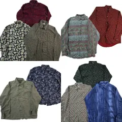 古着卸 まとめ売り 総柄 長袖シャツ 10枚セット (メンズ XL ) ボタンダウン ボックスシルエット 中古 古着 ND6333