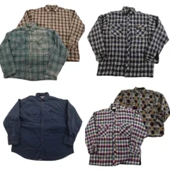 古着卸 まとめ売り 裏地付き 長袖シャツ 6枚セット (メンズ XL /2XL ) ダブルフラップ チェック ネイビー 中古 古着 ND6341
