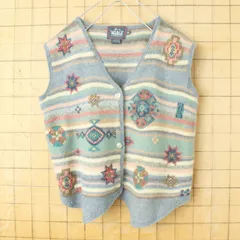 80s 90s USA Woolrich 総柄ウールニットベスト レディースM ブルー アメリカ古着　011426aw59