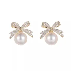 K.L.Y パール ピアス レディース 人気 蝶結び 18金 最高級ジルコニア 金属アレルギー対応 ピアスリボン 真珠 18K ゴールド人気 ピアス 誕生日 プレゼント (ホワイト) 1