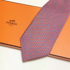 未使用級 エルメス HERMES ネクタイ シルク100% レッド / ライトブルー 総柄 チェーン柄 261-427