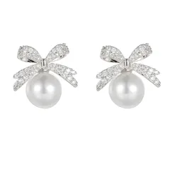 K.L.Y パール ピアス レディース 人気 蝶結び 18金 最高級ジルコニア 金属アレルギー対応 人気ピアスリボン 真珠 18K ゴールド 誕生日 プレゼント (シルバー) 1