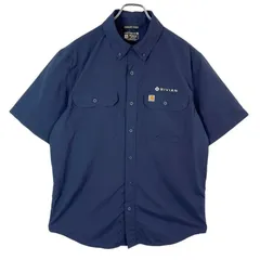 カーハートCarhartt Force半袖ワークシャツボタンダウンシャツポリエステルナイロン企業系ロゴ刺繍RIVIANフラップポケット紺ネイビーリアルワークウェアオーバーサイズrelaxedfitリラックスフィットvintageヴィンテージ51125