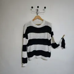レディース ファッション ストライプ 長袖 ニット ブラック/アイボリー