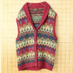 90s USA Eddie Bauer エディーバウアー 総柄ショールカラー ウールニット前開きベスト レディースL アメリカ古着　011426aw60