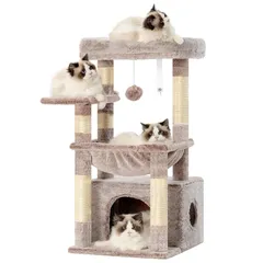 Heyblyキャットタワー 大型ふかふか猫バスケット 据え置きタイプ 省スペース 広め猫ハウス隠れ家 コンパクト猫タワー トップ展望台付き シザル麻爪とぎポール おもちゃボール付き 室内用猫家具 ローズブラウン HCT008SMU 0のサムネイル