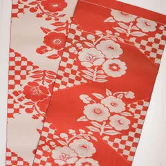 名古屋帯 正絹 花柄 市松模様 昭和レトロ ジャパンヴィンテージ