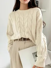 セーター ケーブル編み レディース 未使用 ニット トップス 秋冬 ニットセータ― アウター プルオーバー ニット カットソー ニットソー 無地 長袖 uネック ドルマンスリーブ 柔らかい ショート丈 ニットセー