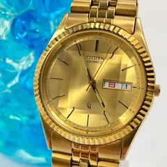 【中古】シチズン CITIZEN クォーツ 腕時計 ゴールド 6100-K09320 デイデイト 3針 金文字盤 メンズ 稼働品 紳士 ウォッチ ヴィンテージ アンティーク ギザベゼル