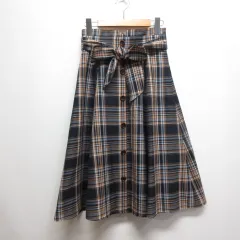 アプワイザーリッシェ Apuweiser-riche チェック柄 フレア スカート リボン付き 1 ネイビー 裏地付き 日本製
