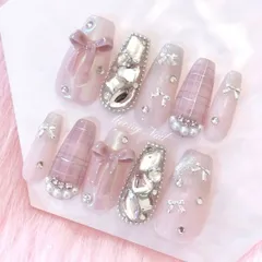 No.114オーダー♡量産型ワンホン韓国フレンチガーリーリボンスナ系ネイルチップ