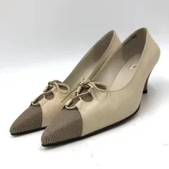 卑弥呼 パンプス ベージュ 23.5cm 日本製 レザー 型押し リボン 切替