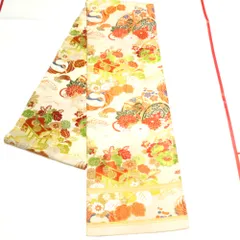 丸帯 アンティーク帯 昔丸帯 絹 ベージュ金×多色 鼓 御所車 鶴 花々文様 全通柄 昔帯 レトロモダン 明治・大正ロマン 長さ397cm