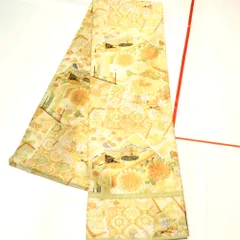 丸帯 アンティーク帯 昔丸帯 絹 ベージュ×多色 冊子 花々文様 全通柄 昔帯 レトロモダン 明治・大正ロマン 長さ407.7cm