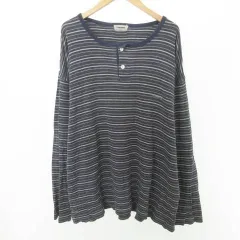 レノマ renoma ボーダー 長袖 カットソー ヘンリーネック ロゴ 薄手 Lサイズ 紺 ネイビー ■GY54