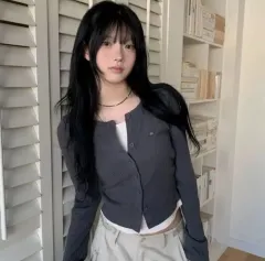 modimood シャーリング レイヤード ゴージ ニット カーディガン チャコール free